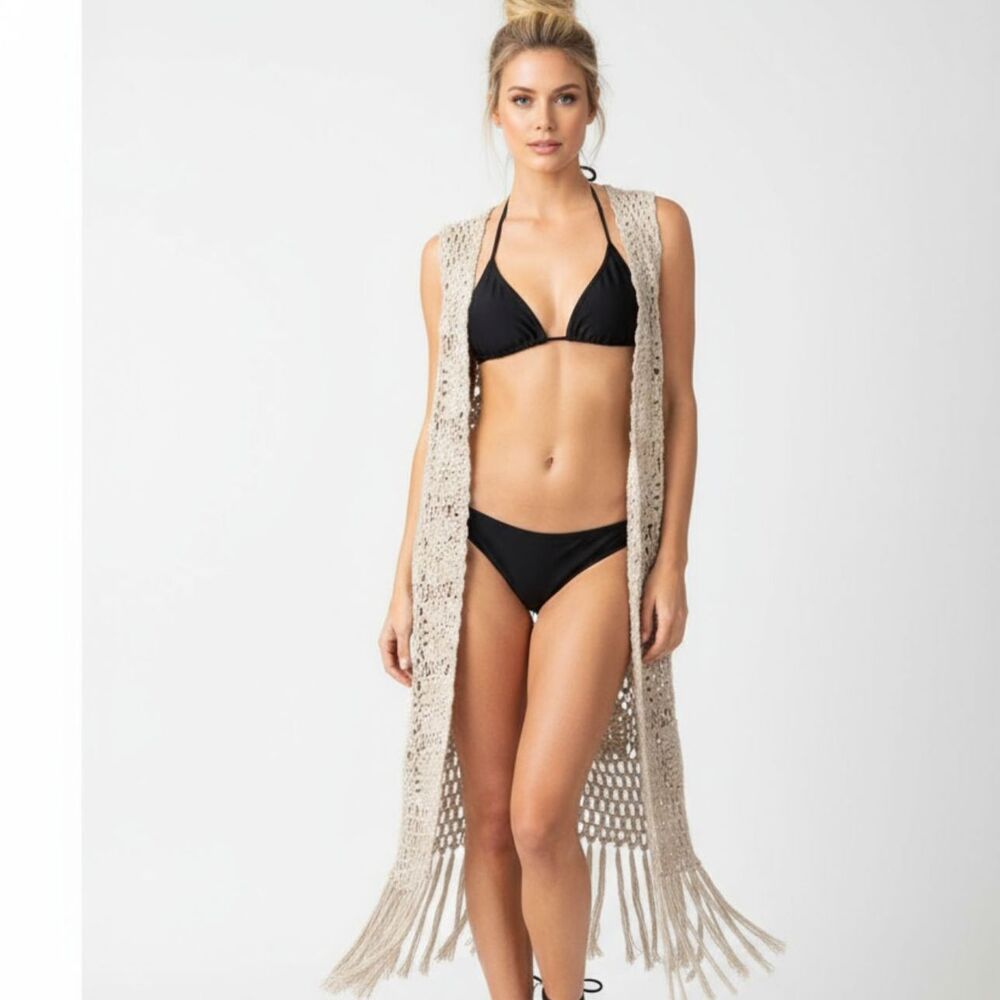 Rebellion Tan Sheer Crochet Fringe Open Front Cardigan Sweater NEW L